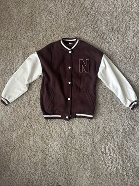 Zara Brown and Cream Snap-Front New York Varsity Jacket Size Kids 13/14